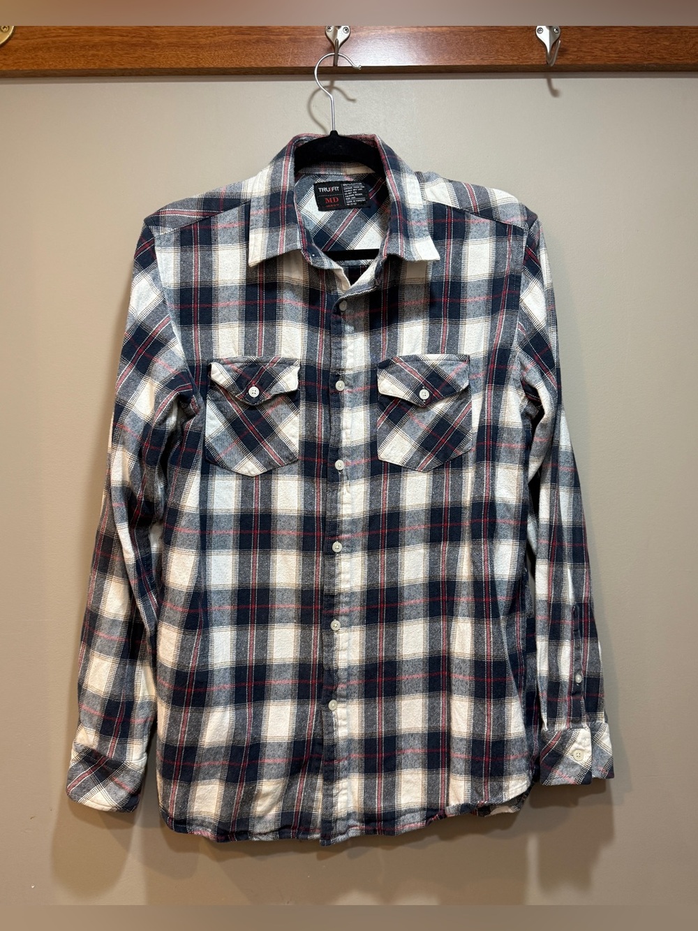 TRU|FIT Navy, White & Red Plaid Button-Down Flannel Shirt - Men